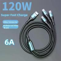 ราคา 6A 120W 3 ใน 1 ยูเอสบี ชนิด C สายชาร์จโทรศัพท์สายเคเบิลข้อมูลสำหรับไอโฟน ซัมซุง เสี่ยวมี่ หัวเว่ยชาร์จด่วนสายไมโครยูเอสบี (1734310880882165010)