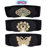 ราคา 3 ชิ้น เข็มขัดยางยืดสีดำหรูหรา - หัวเข็มขัดรูปผีเสื้อและดอกไม้สีทองประดับเพชร สายรัดกว้างยืดหยุ่นสำหรับชุดเดรส เสื้อโค้ท และชุดลำลอง earmuff ผ้า พันคอ ลิเวอร์พูล เข็มขัด (1733263980169889615)
