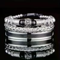 ราคา 3pcs Men'S Bracelet Set Featuring Stainless Steel, Handcrafted Woven Chains, Round Stainless Steel Skull Bead Bracelets, And Tiger Eye Stone Accessories. vali chain แหวนevil eye (1734322297011472100)