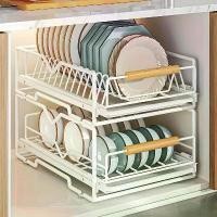 ราคา ชั้นวางจานแบบดึงออกสองชั้นประหยัดพื้นที่พร้อมถาดระบายน้ำ - โลหะสีขาวและมือจับไม้ เหมาะสำหรับการจัดระเบียบเคาน์เตอร์ครัวและตู้เก็บของ สามารถเก็บจาน ชาม ถ้วย ขวด และชั้นวางจาน (1733489556575585437)