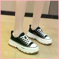 ราคา รองเท้าผ้าใบ ส้นตึก รองเท้าเสริมส้น ใส่แล้วสูง ขาเรียว สีดำ แต่งตัวง่าย (1733985418574071432)