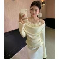ราคา เสื้อสีเหลือง ดีไซน์ Ruched ทรงสลิมฟิต สายรัดลูกไม้ลายดอกไม้สองชิ้นปลอม เย็บปะติดปะต่อกัน แขนยาว สวยงาม สเวตเตอร์ (1732645736042824803)