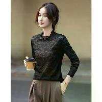 ราคา Original Butterfly Lace Fabric Half High Collar Ruffled Edge Base Shirt Autumn Lace Jacquard Sheer Mesh Women's Top (1733315223361259333)