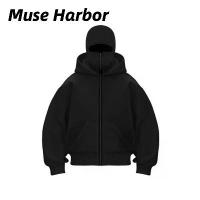 ราคา Muse Harbor Men's Punk Zip Hoodie Jacket, double-layer hood design, comfortable to wear, short fleece fabric, kanguri-style front pocket. (1734072967479461277)