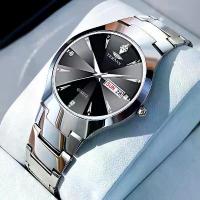 ราคา Men's watch, Swiss, couple's watch, non-automatic sports quartz movement, made of stainless steel, waterproof, elegant design, silver color, wristwatch suitable for men and women, Jam Tangan Lelaki. (
