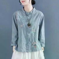 ราคา Chinese Style Embroidered Cotton Linen Shirt Vintage Button Long Sleeve Stand Collar Tea Dress Loose Base Shirt (1734204109315015935)