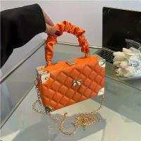 ราคา Elegant Quilted Pattern Mini Box Bag with Bow Accent - Women's Ruched Handle & Chain Strap in Orange, Pink, White, Green, Black | Synthetic Leather, Faux Fur Lined, Ladies Handbags (173435301827277775