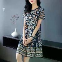 ราคา 2025 Retro Print Round Neck Imitation Ice Silk Loose Casual Five-Sleeve Mid-Length Summer Slimming Dress Women's Fashion (1733831294697310021)