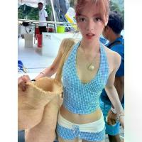 ราคา 2026 Thai Girl Retro Blue Plaid Halter V-Neck Two-Piece Bikini Sexy Hot Spring Vacation Swimsuit (1733903185929406071)