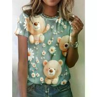 ราคา Women'S Summer Casual T-Shirt with 3D Cute Garden Bear Print - Soft Polyester, Round Neck, Short Sleeve, Light Blue with White Daisies & Brown Bears, Machine Washable, Everyday T (1734290264608966426)