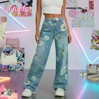 ราคา Women's Floral Print Denim Pants Lightweight Mid Waist Loose Wide Leg Jeans Trousers (1733955378984224186)