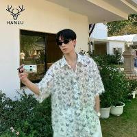 ราคา Hanlu American butterfly print shirt plush fringed short-sleeve shirt stylish loose top high-end handsome shirt (1733441881296701301)