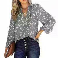 ราคา Amazon Independent Station 2024 Summer New Women's Commuter Top V-neck Long Sleeve Polka Dot Print Ruched Shirt (1733760259809576892)