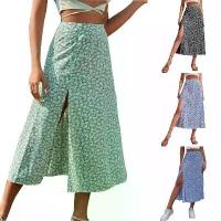 ราคา 2025 Summer Women's New Floral Print Half Skirt with Slit A-line Bodycon Long Skirt (1733925963763254918)