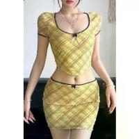 ราคา ( COD ) Rapcopter American Sweet and Spicy Plaid Print Square Neck T-shirt + Bodycon Skirt Slim Fit Short Skirt Hot Girl Set ช ุ ด แ ด ง (1733097065854371702)