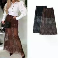 ราคา Spring new arrivals: women's european and american style loose-fit side zipper embroidered sequin midi high-waisted a-line skirt (1734064256446007048)