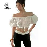 ราคา เสื้อเชิ้ตแขนสั้นสำหรับผู้หญิง สีพื้น ผูกไขว้ด้านหน้า คอปาด เปิดไหล่ เสื้อครอปลำลองฤดูร้อน เสื้อเบลาส์ (1732150305125074414)