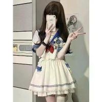 ราคา ชุดนิสิตกับชุดนักศึกษา ชุดทูพีซ, เครื่องแบบ JK, สไตล์กระโหลกที่เรียบง่ายและน่ารัก, เสื้อแขนพัฟ, กระโปรงขอบดอกบัวเย็บ, ดูอ่อนเยาว์ ชุดนิสิตผู้หญิง (1730428998404115372)