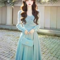 ราคา เดรสยาว เรียบหรู สำหรับฤดูใบไม้ร่วง 2024 FK*K ชุดกำมะหยี่สีน้ำเงิน สำหรับสุภาพสตรีที่ซับซ้อน (1731596106338700232)