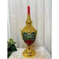ราคา ★หัวโขน พาลี ขนาดสวมแสดง งานกระดาษ ปิดทองเค ประดับเพชรคริสตัล พร้อมฐานไม้อัดสีแดงฟรี ของตกแต่งบ้าน ของที่ระลึก khon mask♪ (1733678029961987989)
