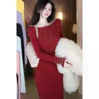 ราคา Elegant and Graceful Pearl Off-Shoulder Long Sleeve Dress Autumn Winter New Slim Fit Knitted Long Dress Off-Shoulder Collar (1734078708344128950)