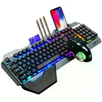 ราคา Wireless Gaming Keyboard and Mouse, RGB Backlit Rechargeable Keyboard Mouse with 5000MAh Battery Metal Panel, Removable Armrest Mechanical Feeling Keyboard and 7 Color Gaming Mute Mouse for PC Gamer (