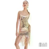 ราคา [MILIN] Adjustable signature crystals Milin M logo spaghetti and Fringe at hem sequin dress เดรสสายเดี่ยวปรับความยาวได้ผ้าเลื่อมประดับพู่ / Aperol Dress 41 Welcome Drink (1732640747069998538)