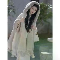 ราคา 2026 Long Large Fur Collar Cape Shawl with Cheongsam, Fleece-Lined Thickened Faux Fur Woolen Coat with Tassels (1733801272331896774)