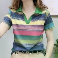 ราคา Slimming New Women's Base Shirt Striped Short Sleeve Stretch T-Shirt Versatile 2024 V-Neck New Polo Shirt Summer (1733273469838788421)