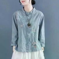 ราคา Chinese Style Embroidered Cotton Linen Shirt Vintage Button Long Sleeve Stand Collar Tea Dress Loose Base Shirt (1734204108452758689)