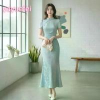 ราคา Women Short Sleeve Cheongsam Dress Casual Summer Jacquard Cutout Party Dress for Cocktail Streetwear (1733919251908953530)