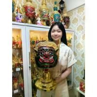 ราคา ♘เศียรครู พระพิราพ ขนาดครอบศรีษะ งานกระดาษ ปิดทองเค ประดับพลอย พร้อมฐานไม้อัดสีแดงฟรี khon mask♣ (1733677977434883435)
