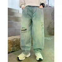 ราคา Boys' Light-Colored Ripped Wide-Leg Faux Denim with Torn Knee Patches & Back Pocket Labeling - Loose Fit Distressed Faux Denim Pants, Tightened Cuffs, All-Season Casual Style for (1733620446224811803)