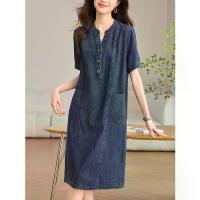 ราคา Vintage Thin Short Sleeve Denim Dress for Women 2024 Summer New Loose Slimming Casual Straight Dress (1733819574092793538)