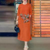 ราคา ZANZEA Women's Dresses Vintage Casual 3/4 Sleeve Round Neck Dress Floral Embroidery Split Shift Dresses #7 (1732949258477602799)