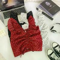 ราคา European and American Vacation Style French Retro Sexy Small Flutter Sleeve V-Neck Polka Dot Drawstring Short Crop Top Camisole (1733690113212057334)
