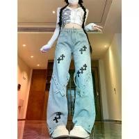 ราคา 2025 Real Shot!! American High Street Hip-Hop Cross Patch Jeans Unisex Straight Loose Wide-Leg Pants flare jeans (1733310184035747717)