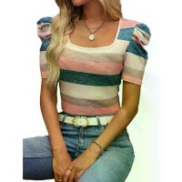 ราคา เสื้อยืด ลายสายรุ้งคลาสสิค สำหรับผู้หญิง คอเหลี่ยม แขนพัฟ ทำจากวัสดุโพลีเอสเตอร์ผสม เรียบหรู ยืดได้ ซักเครื่องได้ เหมาะสำหรับทุกฤดูกาล เสื้อคอเหลี่ยม ผ้าเอวยางยืด เสื้อยืด ไม่ต้ (1732446190248298246)