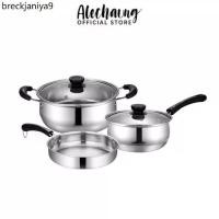 ราคา ♛Alechaung เซ็ตหม้อกระทะ 3 ชิ้น ชุดหม้อสแตนเลส ใช้กับเตาแม่เหล็กไฟฟ้าได้ กระทะสแตนเลส cooking pot set❉ (1733401207158703311)