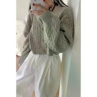 ราคา South Korea Dongdaemun Lantern Sleeve V-Neck Cable Knit Sweater Jacket Short Outerwear Women Loose High Waist Knitted Cardigan (1733224943177402237)