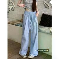 ราคา 2026 [Exclusive for Southeast Asia] Summer Sea Salt Soda Dopamine Plaid Texture Polka Dot Drawstring Wide-Leg Straight Pants Women (1733732551330399529)