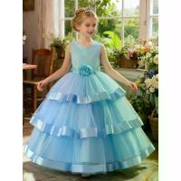 ราคา Girls' Elegant Princess Performance Dress with Flared Tulle Skirt & Bow Detail - Sleeveless A-Line Long Formal Gown for Dance Recitals, Weddings, Birthdays, Pageants (Solid Color (1734323816140408822)