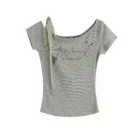 ราคา 2025 Summer New One-Shoulder Cold-Shoulder Lace Strap Short Sleeve Slim-Fit All-Match T-shirt Letter Print Top (1733910396274771802)