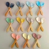 ราคา [COD] 2pcs/set Tableware Baby Spoon Fork Set Children's Silicone Wooden Feeding Training Baby Dinnerware Cutlery Baby Feeding Supplies (1733466193961846065)