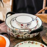 ราคา แนะนำ แนะนำ HongDian ชามเซรามิก ceramic porcelain bowl plate ลายดอกไม้ ดีไซน์เรียบหรู ชามข้าวสวยงาม ชุดชามจานเซรามิก งานฝีมือประณีต ตกแต่งลายดอกไม้ ใช้ได้กับเตาอบ ไมโครเวฟ และเคร (1733312635314537492)