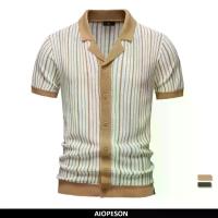 ราคา AIOPESON 2025 Mens Striped Mesh Polo Shirt - Breathable Contrast Panel Knit Top with Turn-Down Collar 250312COD (1733072313871533978)
