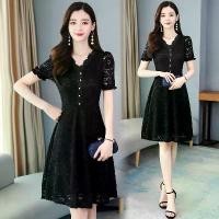 ราคา # Black Women's Clothing Black Dress Women Summer Short Sleeve Plus Size Women's Clothing Fat mm Waist Slimming Elegant French Slim Lace Dress (1733059737614190275)