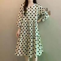 ราคา Real shot of plus-size cotton-linen elegant loose-fitting polka dot dress with three-quarter sleeves, A-line skirt, sizes M-4XL 100kg (1734643733103347698)