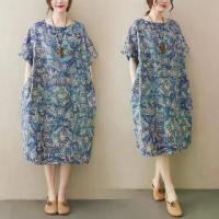ราคา Export French Brand Overstock Imported Printed Cotton Linen Short Sleeve Dress Artistic Plus Size Printed Maternity Dress (1734194364586689591)