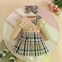 ราคา Baby Ruffled Bow Pit Strip Long Sleeve Top + Classic Plaid Skirt + Headband Set for Autumn and Winter (1733193946153584303)